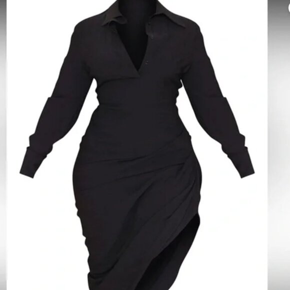 PrettyLittleThing Dresses & Skirts - PrettyLittleThing Black Textured Ruched Side Midi Shirt Dress Size 14 - NWT